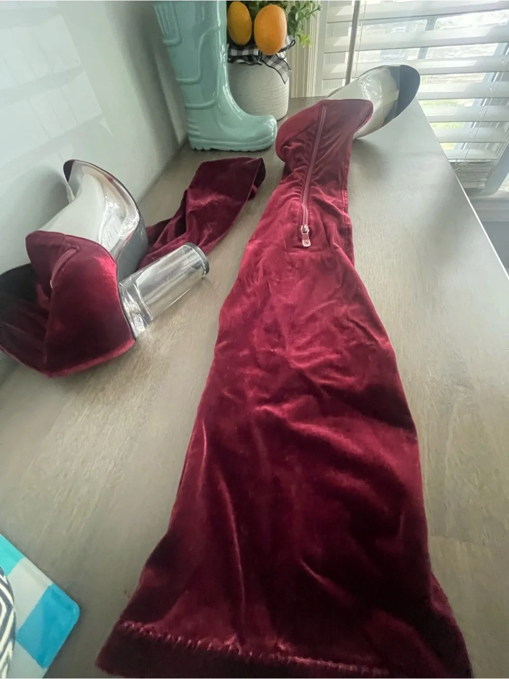 Over-the-Knee Velvet Boots in Burgundy - Women